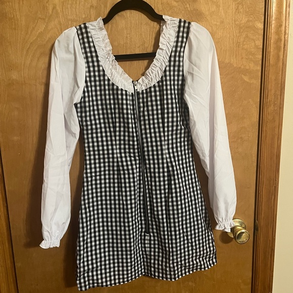 Black and White Gingham Mini Dress with Ruffled Collar - Picture 9 of 11